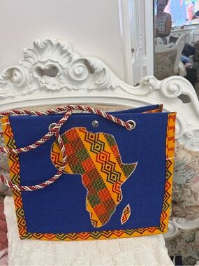 Blue African Print Canvas Tote Bag with Patterned Trim